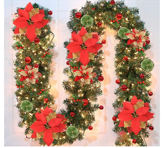 Red Festive Pre-Lit Christmas Garland - 2.7M / 9FT Holiday Decoration with Warm LED Lights, Poinsettias & Berries