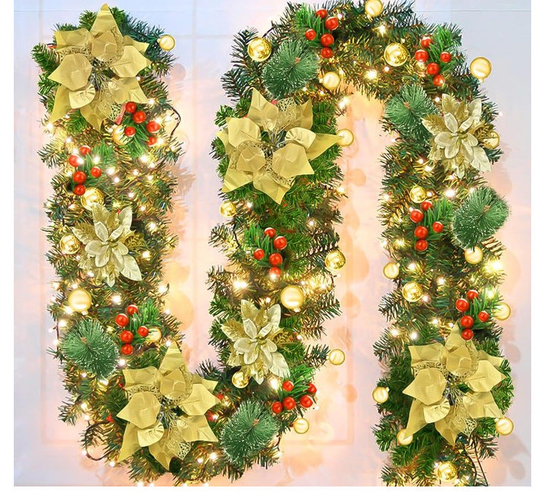 Gold Festive Pre-Lit Christmas Garland - 2.7M / 9FT Holiday Decoration with Warm LED Lights, Poinsettias & Berries