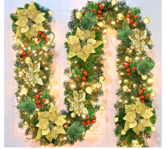 Gold Festive Pre-Lit Christmas Garland - 2.7M / 9FT Holiday Decoration with Warm LED Lights, Poinsettias & Berries