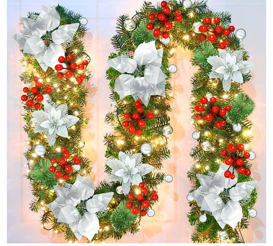 Silver Festive Pre-Lit Christmas Garland - 2.7M / 9FT Holiday Decoration with Warm LED Lights, Poinsettias & Berries