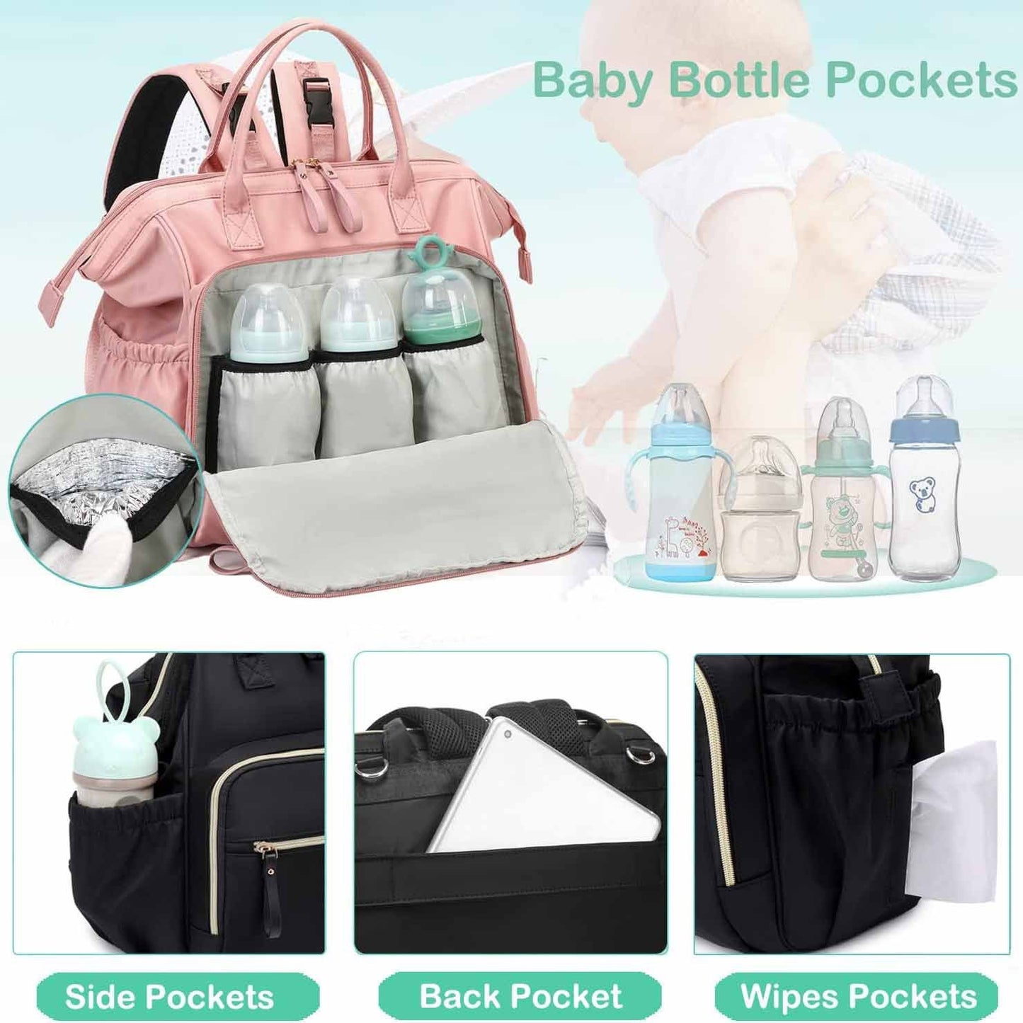 Pink Large Capacity Waterproof Baby Diaper Bag with Anti-Theft Pocket - Mommy Bag for Children's Folding Stroller Storage