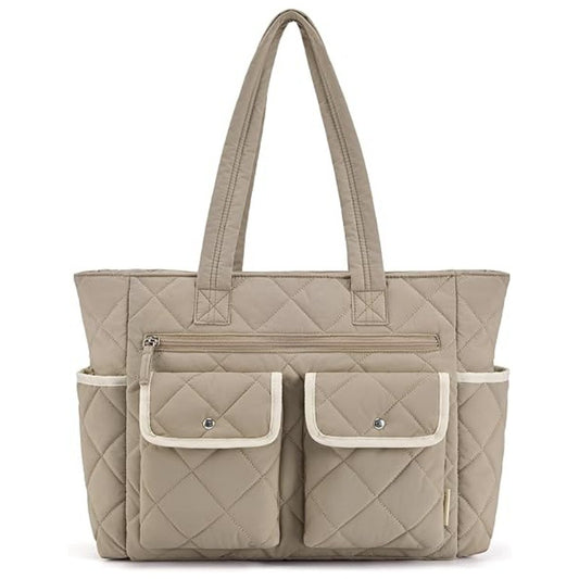 Grayish-brown Women's Multi-Pocket Tote Bag - Large Quilted Travel Handbag for Work, Gym, and More