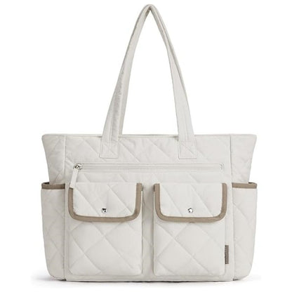 Beige Women's Multi-Pocket Tote Bag - Large Quilted Travel Handbag for Work, Gym, and More