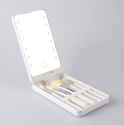 2-Piece White Portable LED Makeup Mirror with Brush - Foldable, Rotatable, and Rechargeable Travel Vanity Mirror