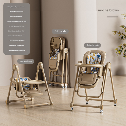 Mocha brown 3-in-1 Convertible Baby High Chair - Adjustable, Foldable Feeding Seat with Rocking Function and Wheels