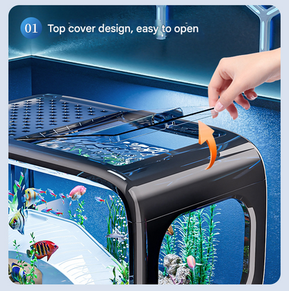Cream color Modern Desktop Aquarium & Turtle Tank - Panoramic Viewing Fish Tank with Basking Platform & Lid
