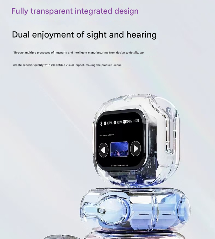 Blue Smart TWS Earbuds with Full-Color LCD Touchscreen Case - Bluetooth 5.4, HiFi Stereo & ENC Noise Cancelling