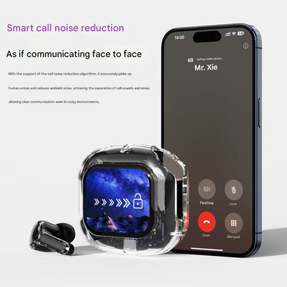Pink Smart TWS Earbuds with Full-Color LCD Touchscreen Case - Bluetooth 5.4, HiFi Stereo & ENC Noise Cancelling