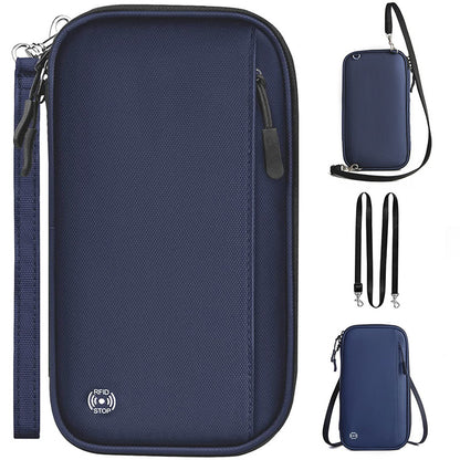 Dark blue RFID Blocking Travel Wallet - Multi-functional Large Capacity Passport Holder & Card Organizer with Adjustable Strap for Men & Women