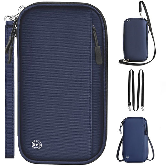 Dark blue RFID Blocking Travel Wallet - Multi-functional Large Capacity Passport Holder & Card Organizer with Adjustable Strap for Men & Women