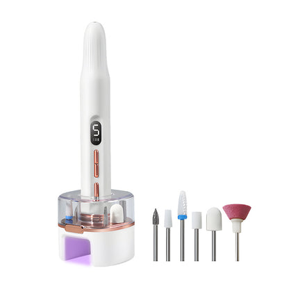 Portable Electric Nail Drill & Polishing Machine Kit - 5 Speed, UV Lamp Base, USB-C Rechargeable(white)