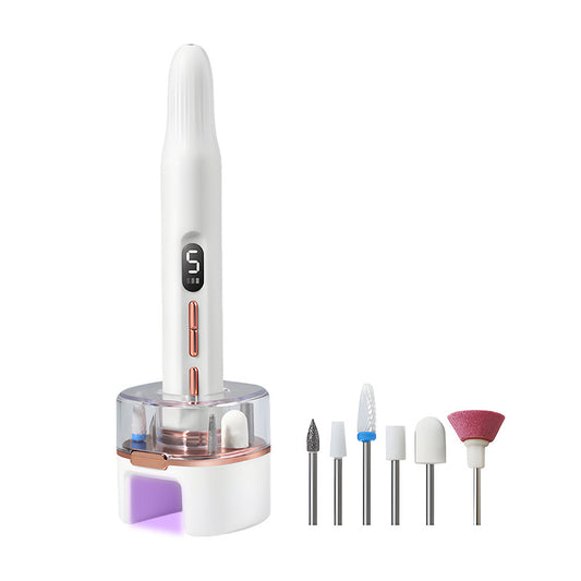 Portable Electric Nail Drill & Polishing Machine Kit - 5 Speed, UV Lamp Base, USB-C Rechargeable(white)