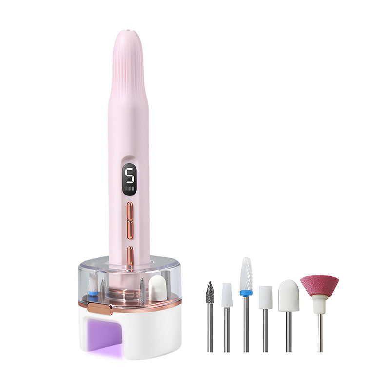 Portable Electric Nail Drill & Polishing Machine Kit - 5 Speed, UV Lamp Base, USB-C Rechargeable(pink)