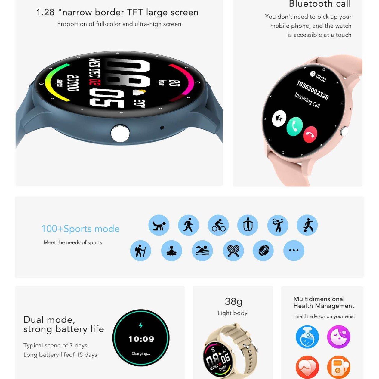 Feature-Rich Smartwatch: 1.28 HD Display  Bluetooth Calling Extensive Sports Tracking (blue)"