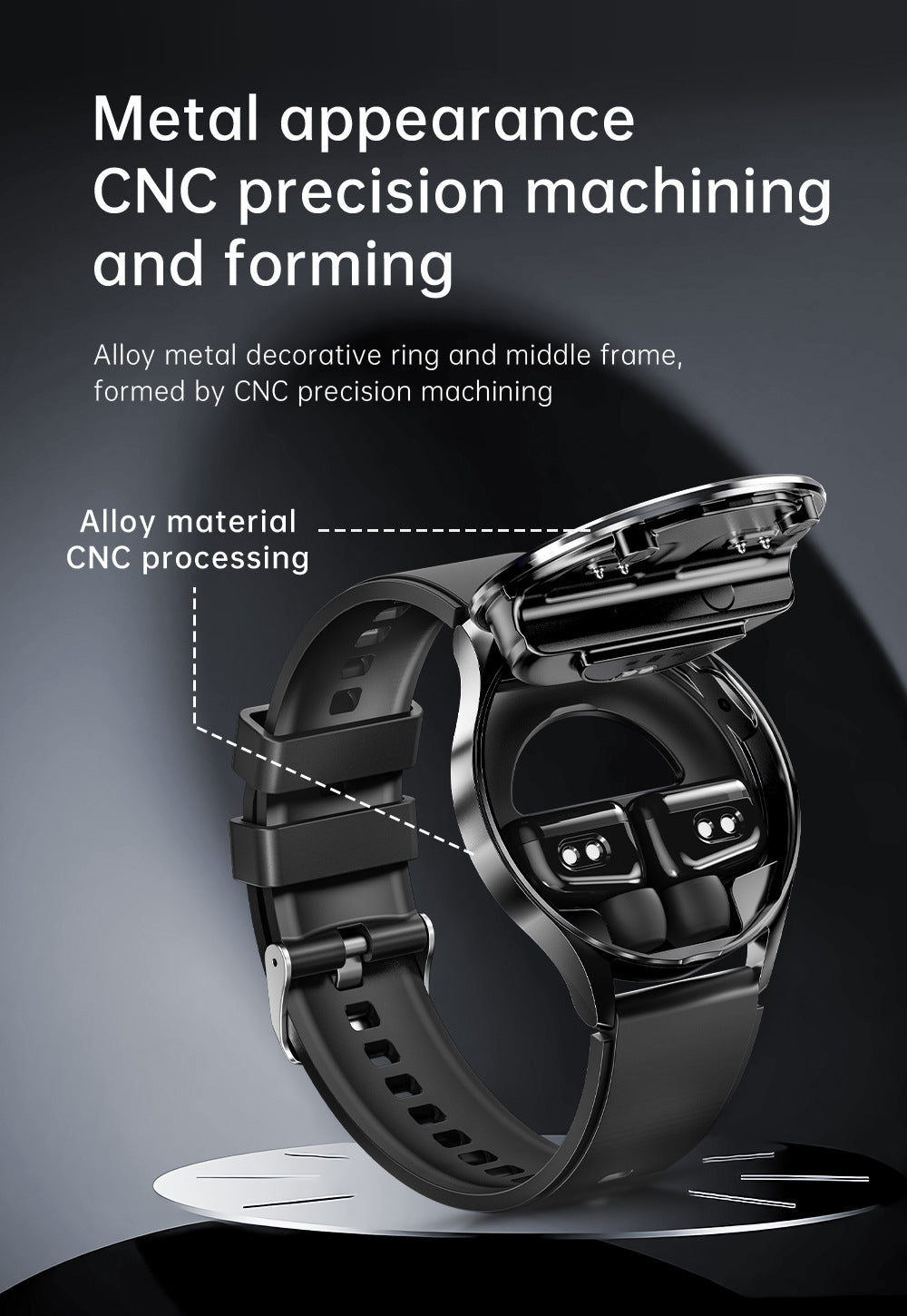 2-in-1 Smartwatch with Built-in TWS Earphones - IP67 Waterproof, Health Monitoring & CNC Metal Design(Black leather)