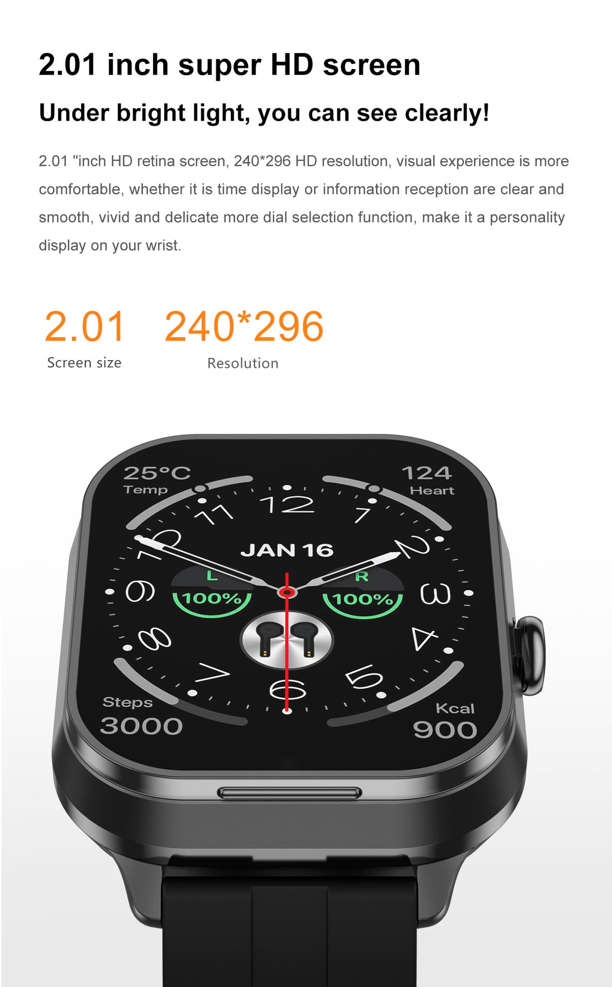 Smartwatch with Built-in TWS Earbuds & Silicone Sleeve - 2.01 HD Screen  Health Monitoring Bluetooth Calls & Music(Black rubber)"