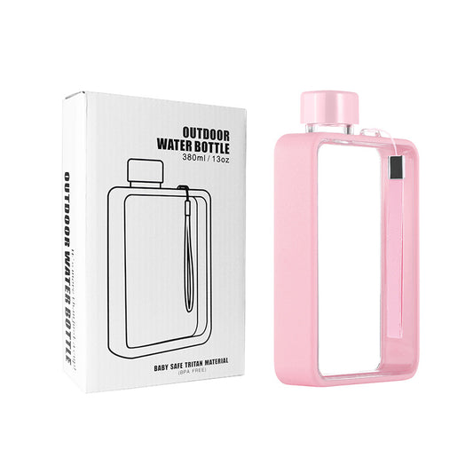 Slim Tritan Flat Water Bottle - 380ml BPA-Free, Leakproof with Leather-Textured Sleeve & Strap(pink)