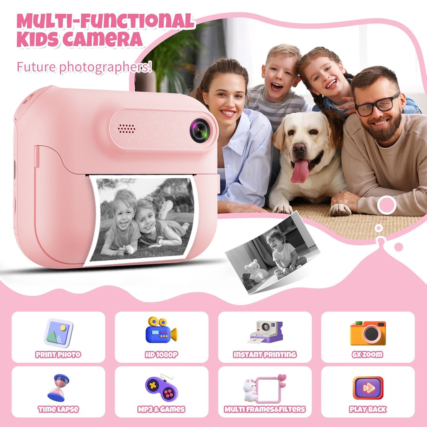 Kids Multi-Functional Camera Toy - Instant B&W Printing & Creative Stickers(blue)