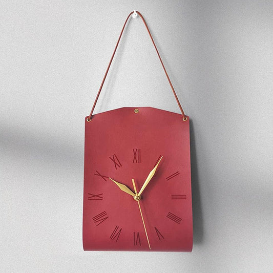 Retro PU Leather Hanging Wall Clock - Silent Sweep Movement, Roman Numerals, Decorative Handbag Style(Red)