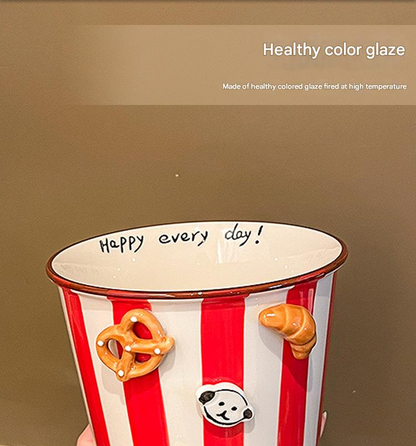 Charming Striped Ceramic Instant Noodle Bowl with 3D Accents & Happy every day!" Message(blue)"