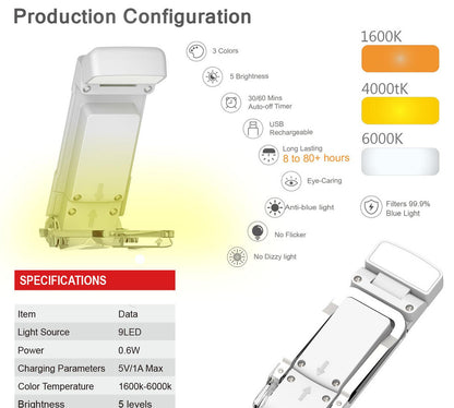 Portable Clip-On LED Reading Light - USB Rechargeable, 3 Color Modes & 5 Brightness Levels(white)