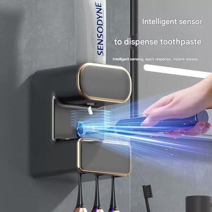 Automatic Toothpaste Dispenser with UVC Toothbrush Sterilizer & Holder - Wall Mounted, Rechargeable(Beige)