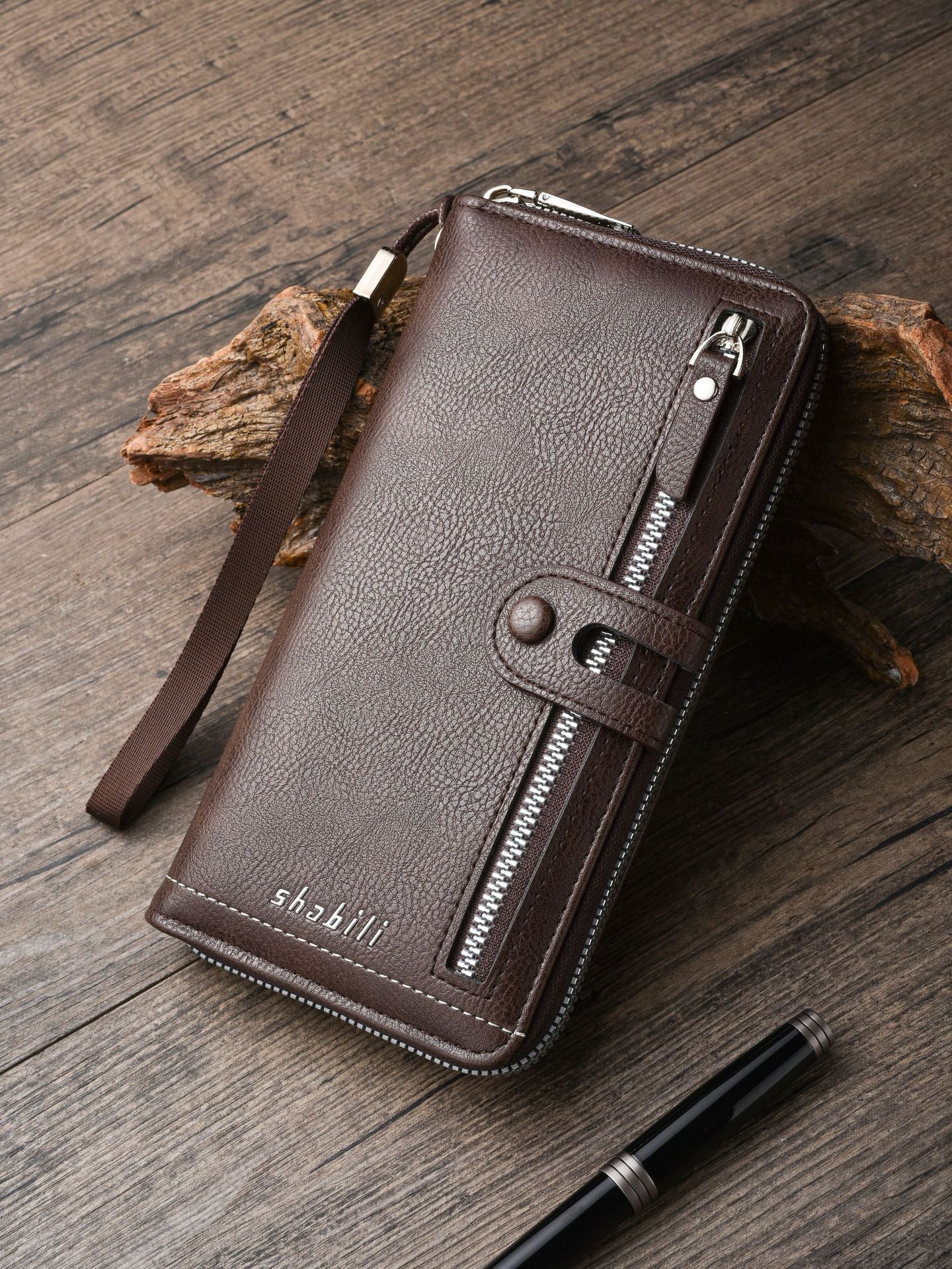 Two pieces High-Capacity PU Leather Clutch Wallet - Unisex Design with Wrist Strap, Zipper & Multiple Card Slots(black)