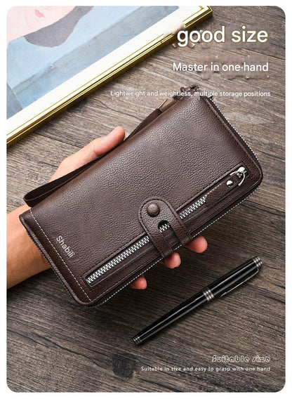 Two pieces High-Capacity PU Leather Clutch Wallet - Unisex Design with Wrist Strap, Zipper & Multiple Card Slots(Dark brown)