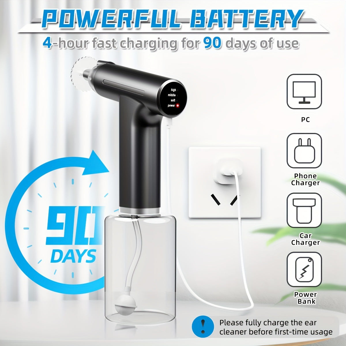 Rechargeable Electric Ear Wax Removal Kit - 3 Pressure Modes, LED Light & 90-Day Battery Life(White)