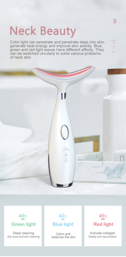 Multi-Functional Neck & Face Beauty Massager - LED Light Therapy, 45C Heat, EMS Micro-Current & Vibration(White)