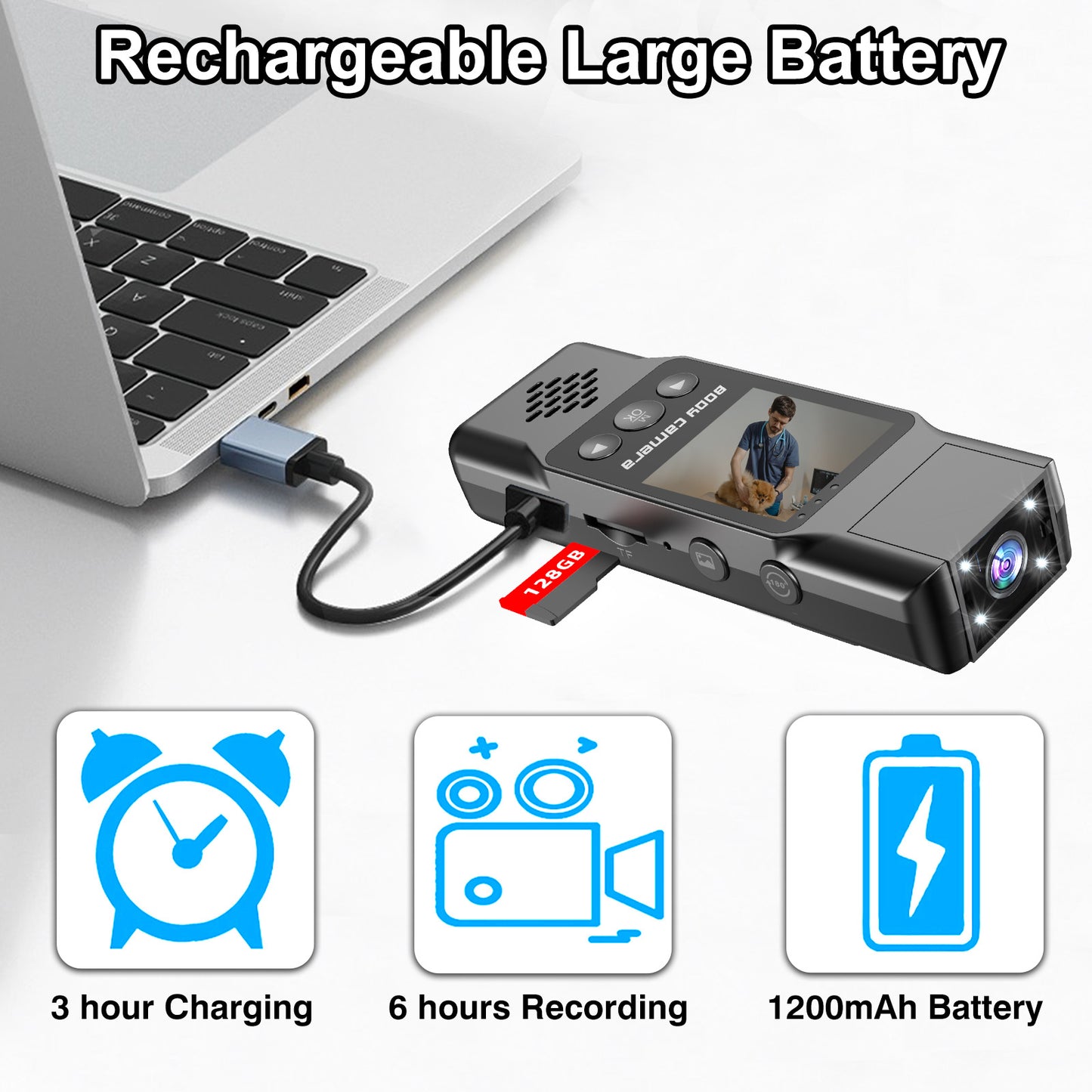 Mini Body Camera with 180 Rotatable Lens, Night Vision & Motion Detection - 1.3 Screen 1200mAh Battery(black+32G)"