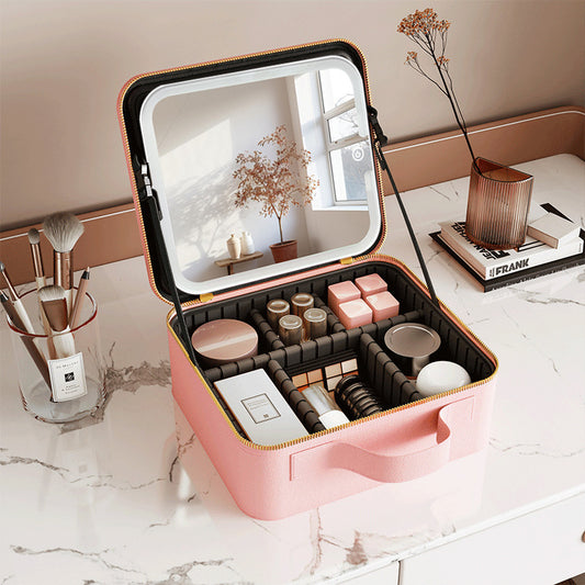Travel Makeup Case with LED Lighted Mirror - Adjustable Dividers & Brush Holder(pink)