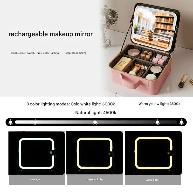Travel Makeup Case with LED Lighted Mirror - Adjustable Dividers & Brush Holder(pink)
