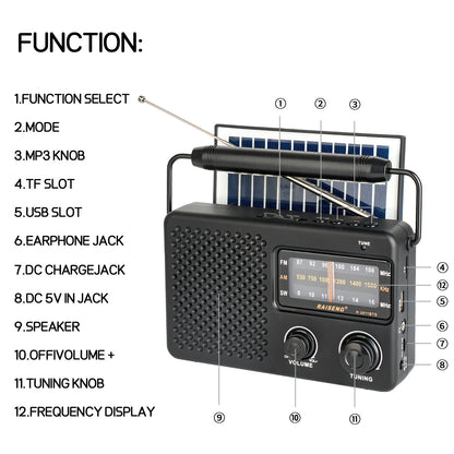 Portable Solar Powered 3-Band AM/FM/SW Radio with Bluetooth Speaker & Multiple Charging Options(black)