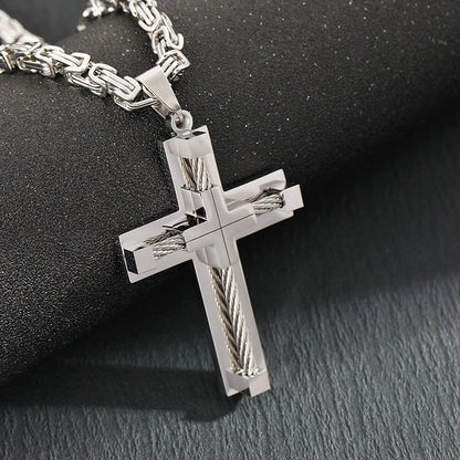 Men's Stainless Steel Layered Cross Pendant with Byzantine Chain - Fashion Statement Necklace(black)