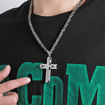 Men's Stainless Steel Layered Cross Pendant with Byzantine Chain - Fashion Statement Necklace(black)