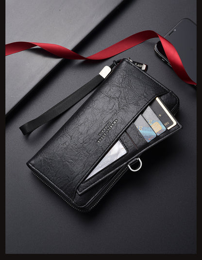 Black Classic Long Zipper Wallet Clutch - Large Capacity PU Leather Phone & Card Holder with Wrist Strap