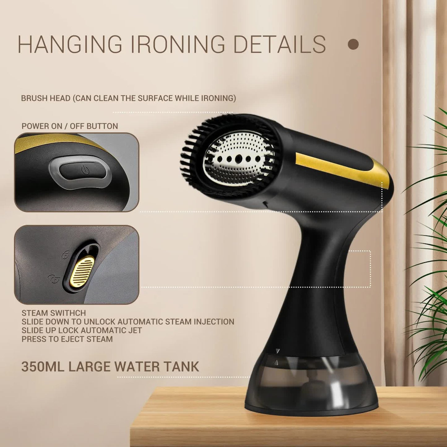 Black Powerful 1500W Handheld Garment Steamer - Portable Clothes Wrinkle Remover with Fast-Heat Technology and 350ml Tank for Home & Travel