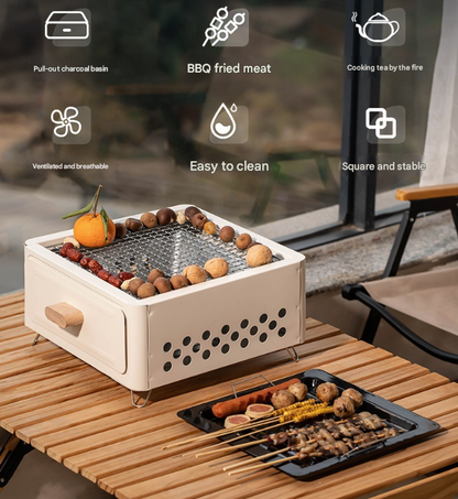 Black Portable Japanese Style Tabletop Charcoal Grill - Compact Hibachi BBQ for Outdoor Camping & Patio
