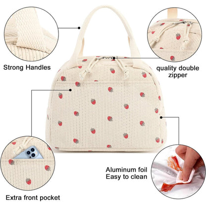 Pink Strawberry Pattern Corduroy Lunch Bag - Insulated Thermal Cooler Tote for School Work and Picnics