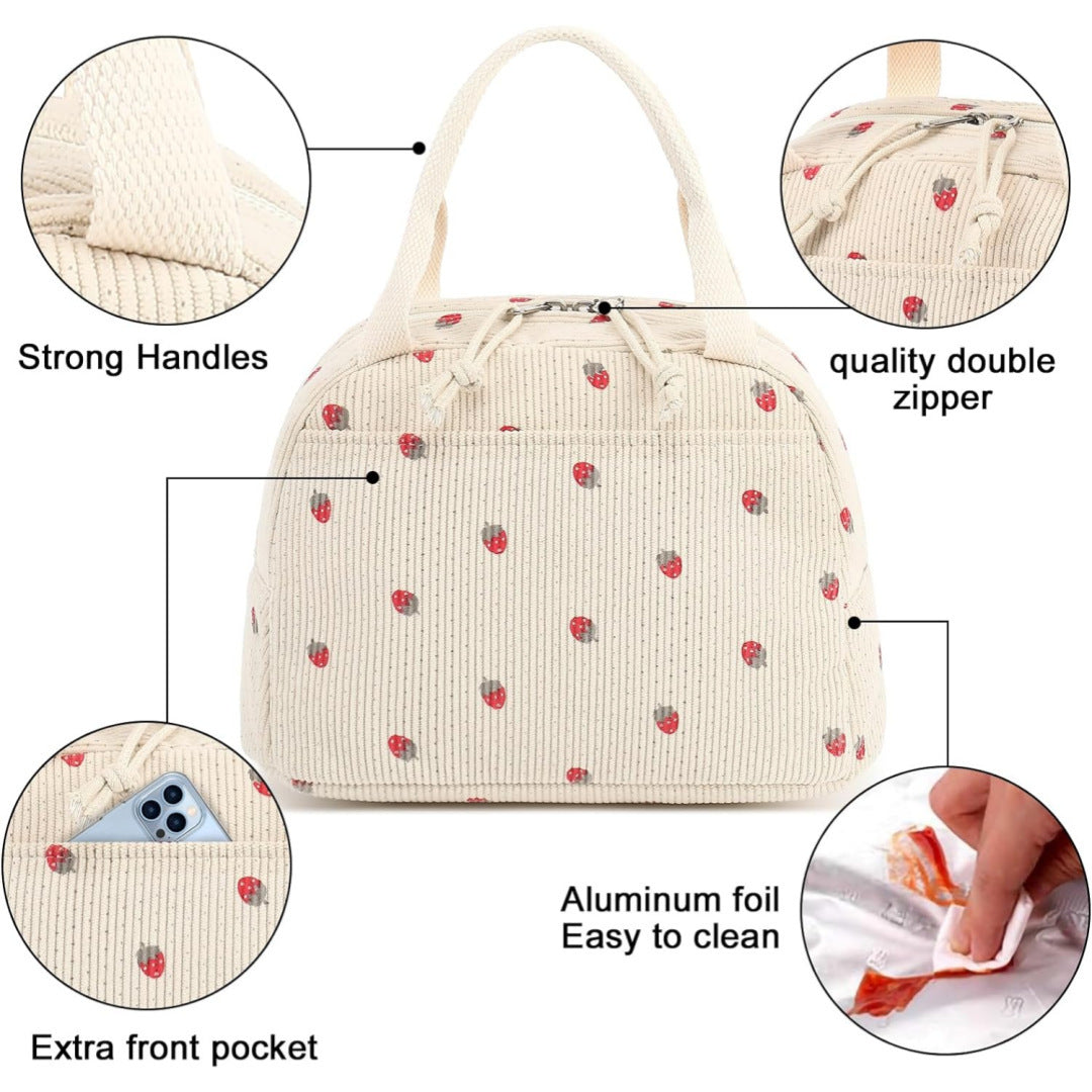 Black and White Checkered Pattern Corduroy Lunch Bag - Insulated Thermal Cooler Tote for School Work and Picnics