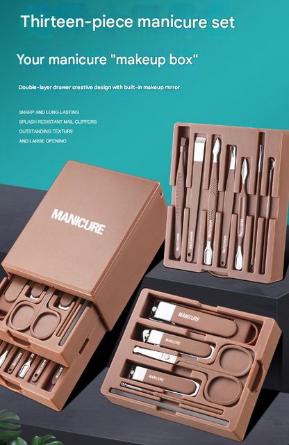 Green Premium 13-in-1 Manicure & Grooming Kit - Professional Carbon Steel Pedicure Set with Dual-Drawer Case & Mirror