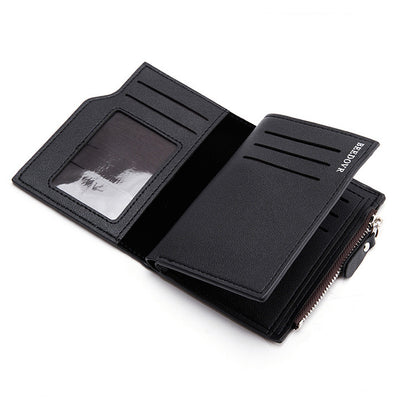 Brown Men's Slim Vertical Bifold Wallet - PU Leather Card Holder with Zipper Coin Pocket and ID Window