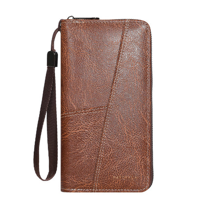 Brown Men's Long Zipper Wallet Clutch - PU Leather Wristlet with Phone and Card Slots