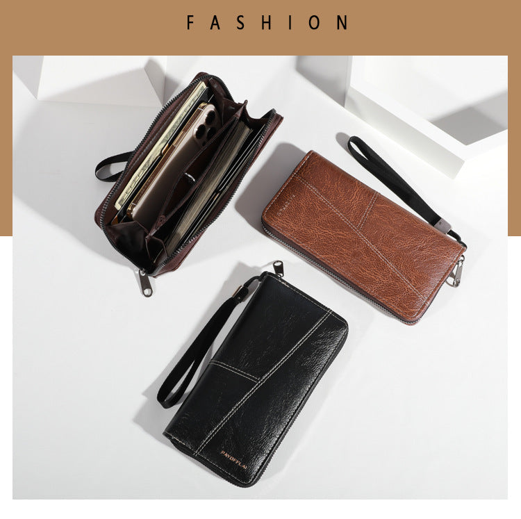 Brown Men's Long Zipper Wallet Clutch - PU Leather Wristlet with Phone and Card Slots