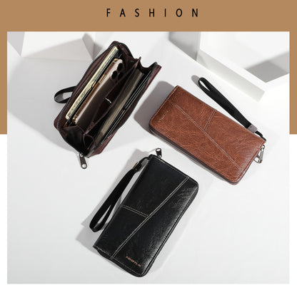 Brown Men's Long Zipper Wallet Clutch - PU Leather Wristlet with Phone and Card Slots