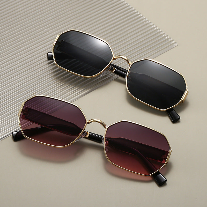Gold Frame and Grey Lenses Modern Retro Geometric Sunglasses - Chic Metal Frame with UV400 Lenses and Black PU Leather Protective Case