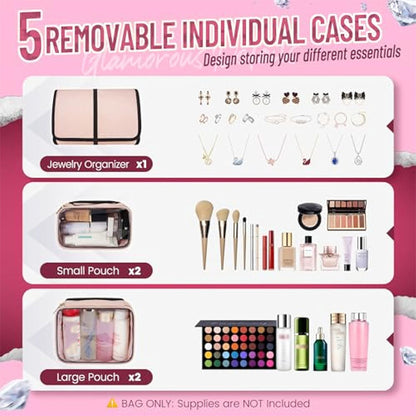 Large Capacity Travel Makeup Backpack with 5 Removable Organizer Cases & Jewelry Roll(pink)
