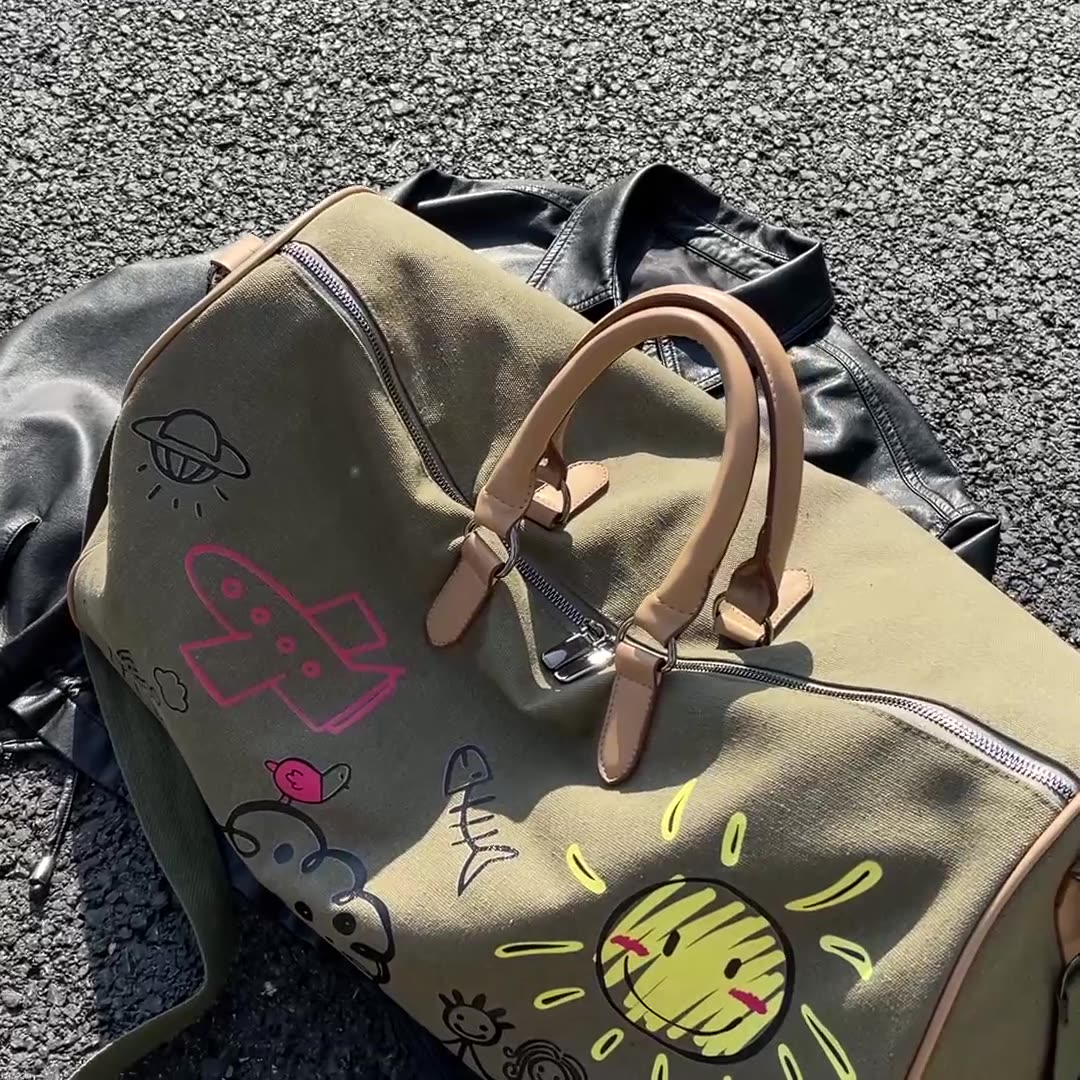 Large Capacity Canvas Travel Duffel Bag with Doodle Print - Weekend & Gym Tote(Coffee)