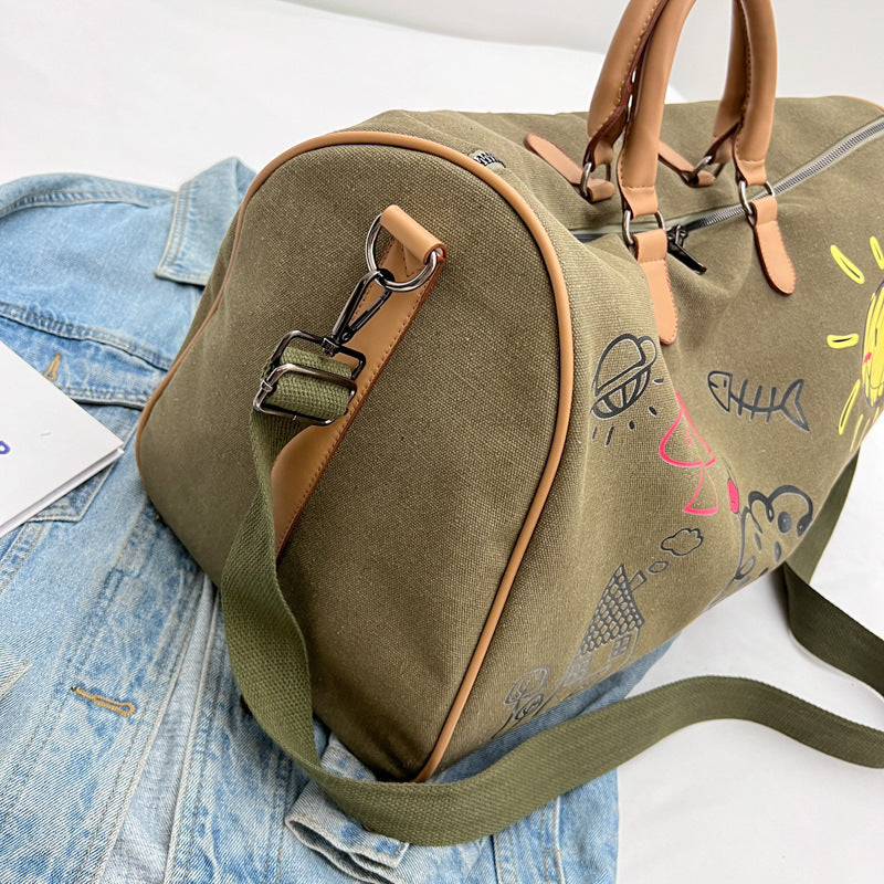Large Capacity Canvas Travel Duffel Bag with Doodle Print - Weekend & Gym Tote(Coffee)